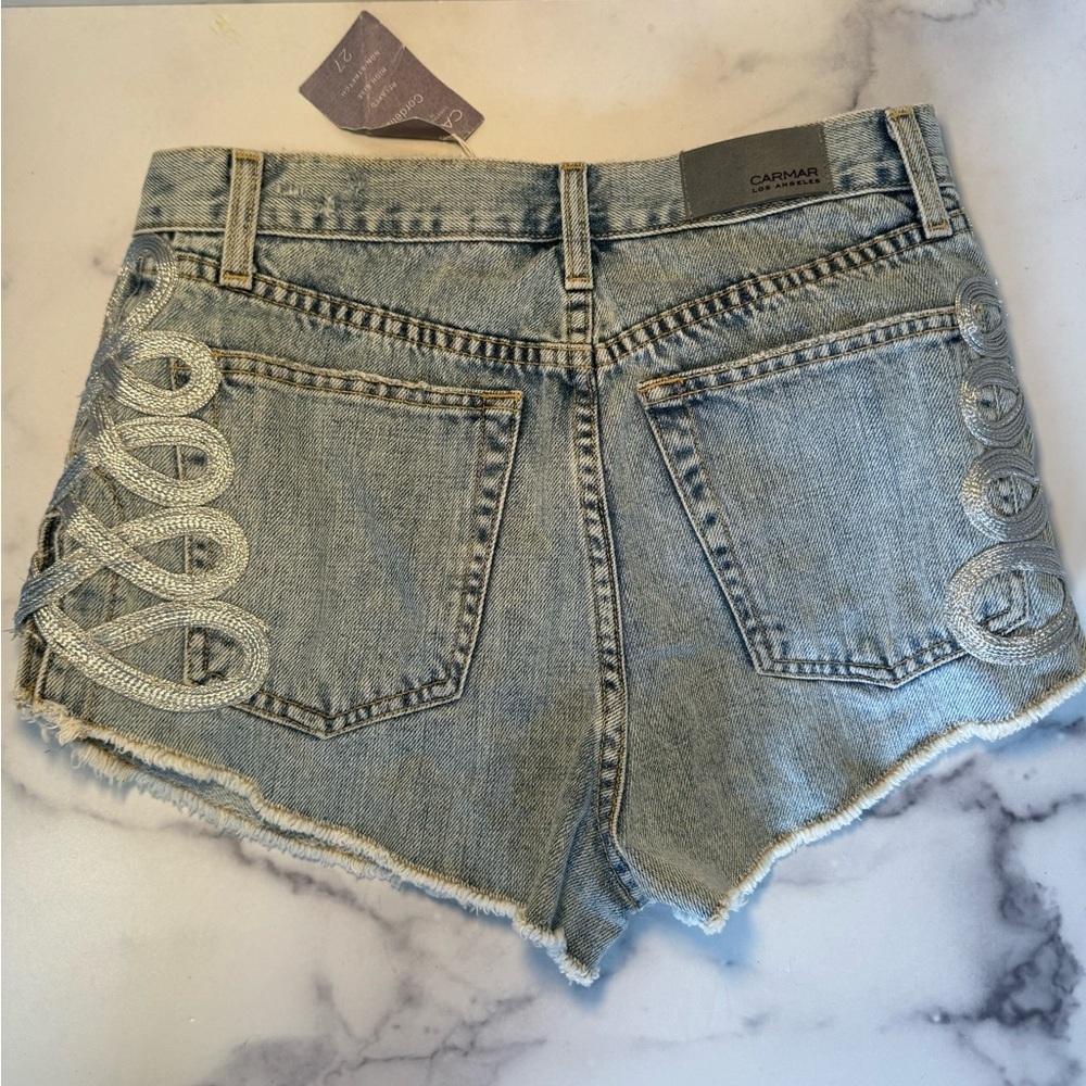 NEW WITH TAGS Carmar Cordelia Denim Shorts, Embellished Side Panels, Size 27 - Picture 4 of 6
